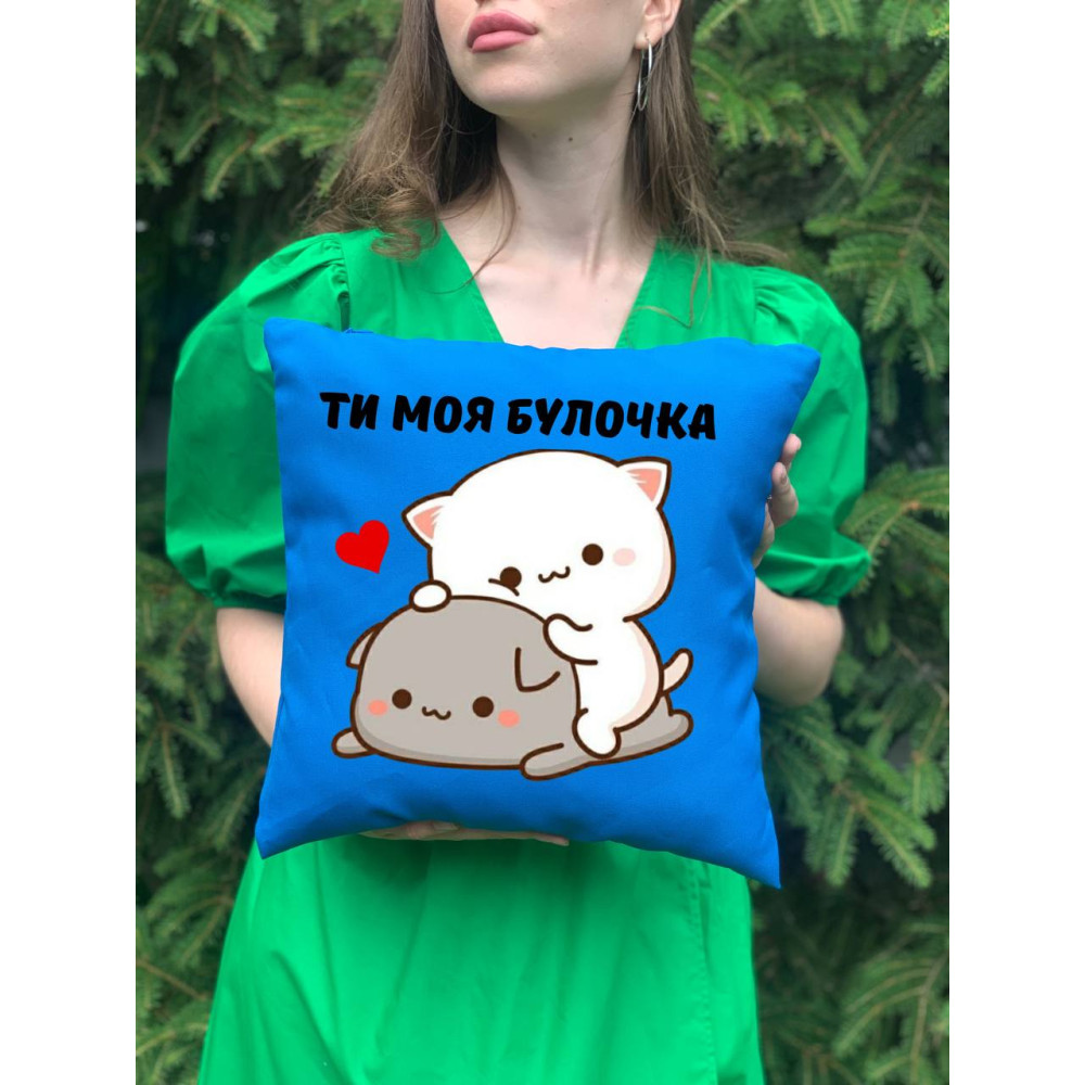 Подушка с принтом габардиновая Моя ты булочка синяя 35х35 (50)