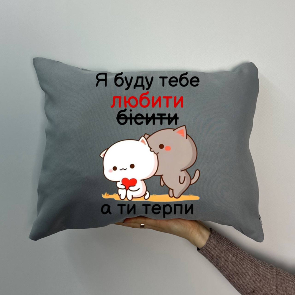 Подушка с принтом габардиновая Котики, серая 35х45 (1023)