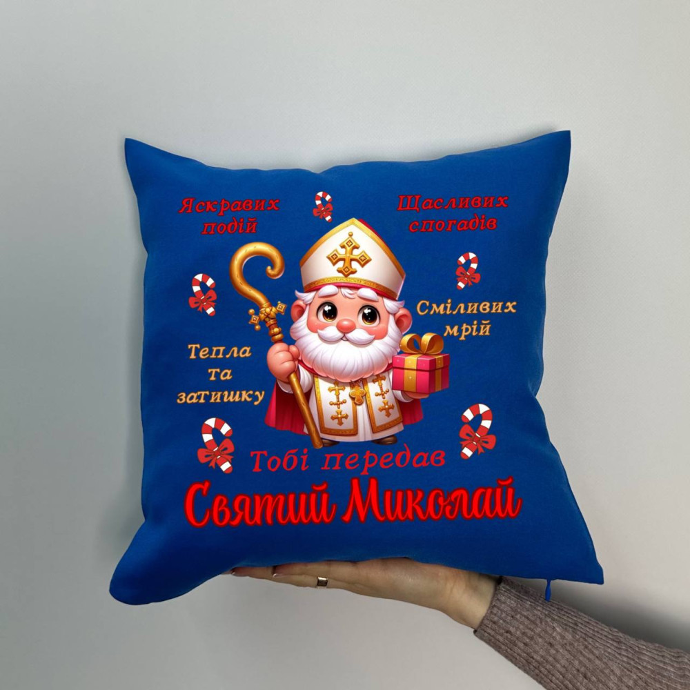 Подушка с принтом габардиновая Святой Николай, синяя 35х35 (1434)