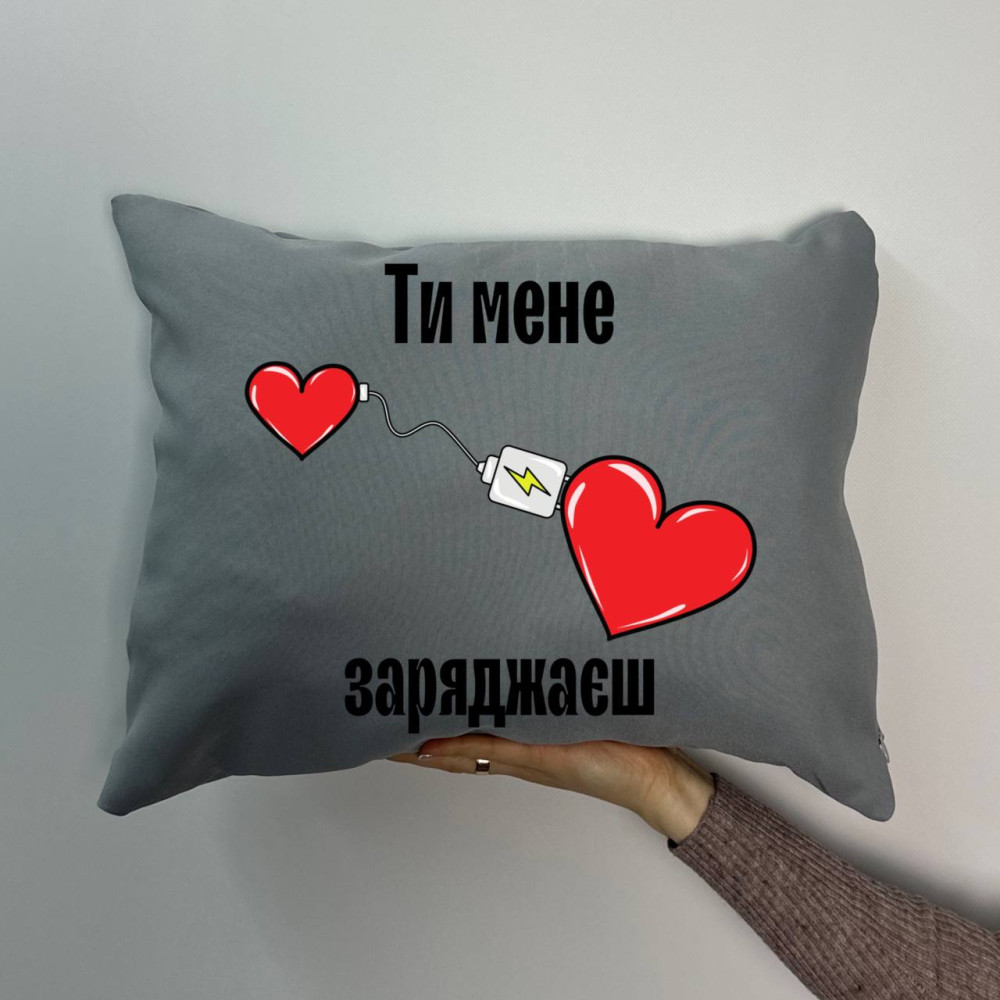 Подушка с принтом габардиновая Ты меня заряжаешь, серая 35х45 (1483) Подушка с принтом габардиновая Ты меня заряжаешь, серая 35х45 (1483)