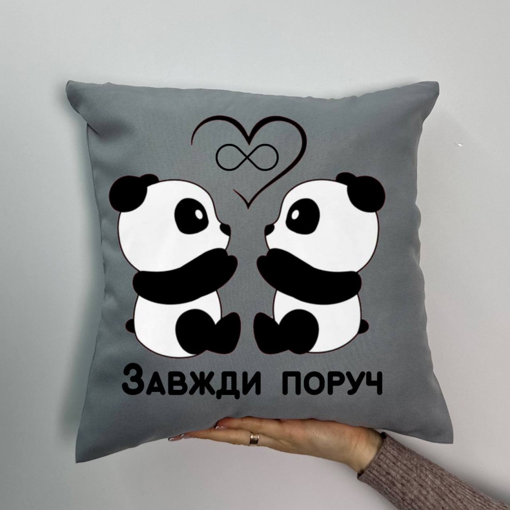 Подушка с принтом габардиновая Пандочки, серая 35х35 (1862)