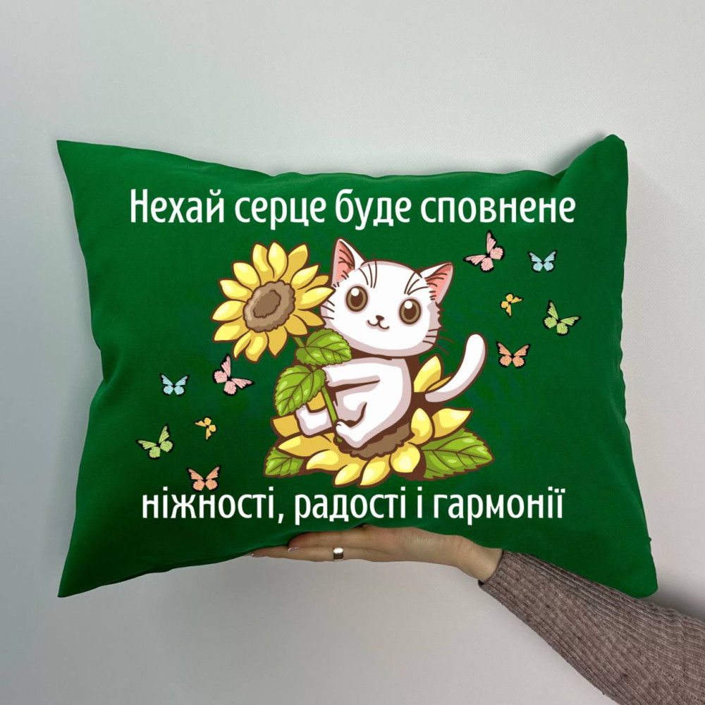 Подушка с принтом габардиновая Котик, зеленая 35х45 (789)